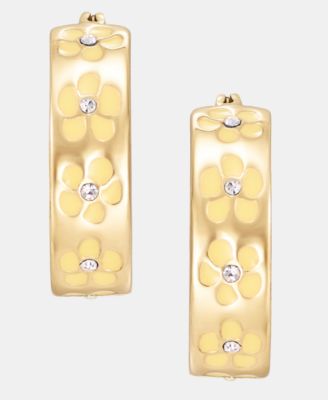 Gold-Tone Enamel Flower Inlay Small Hoop Earrings, 0.68"