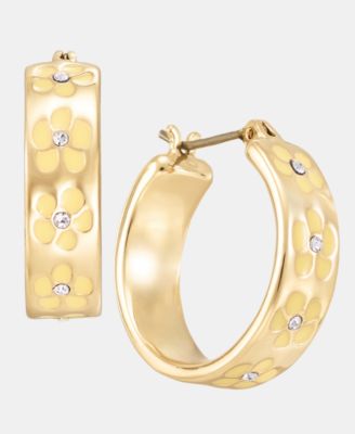 Gold-Tone Enamel Flower Inlay Small Hoop Earrings, 0.68"