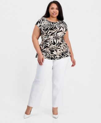 Plus Size Printed Crewneck Tie-Back Short-Sleeve Blouse 