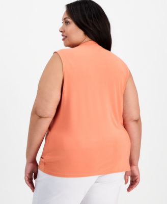 Plus Size Pleat-Neck Sleeveless Top