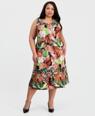 Plus Size Printed Pleat-Neck Sleeveless Top & Pull-On Flare Midi Skirt