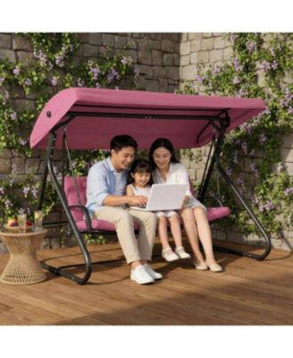 3-Seat Outdoor Convertible Swing Glider with Adjustable Canopy, 2-in-1 Bench to Flat Bed, Removable Cushions, Heavy-Duty Metal Frame