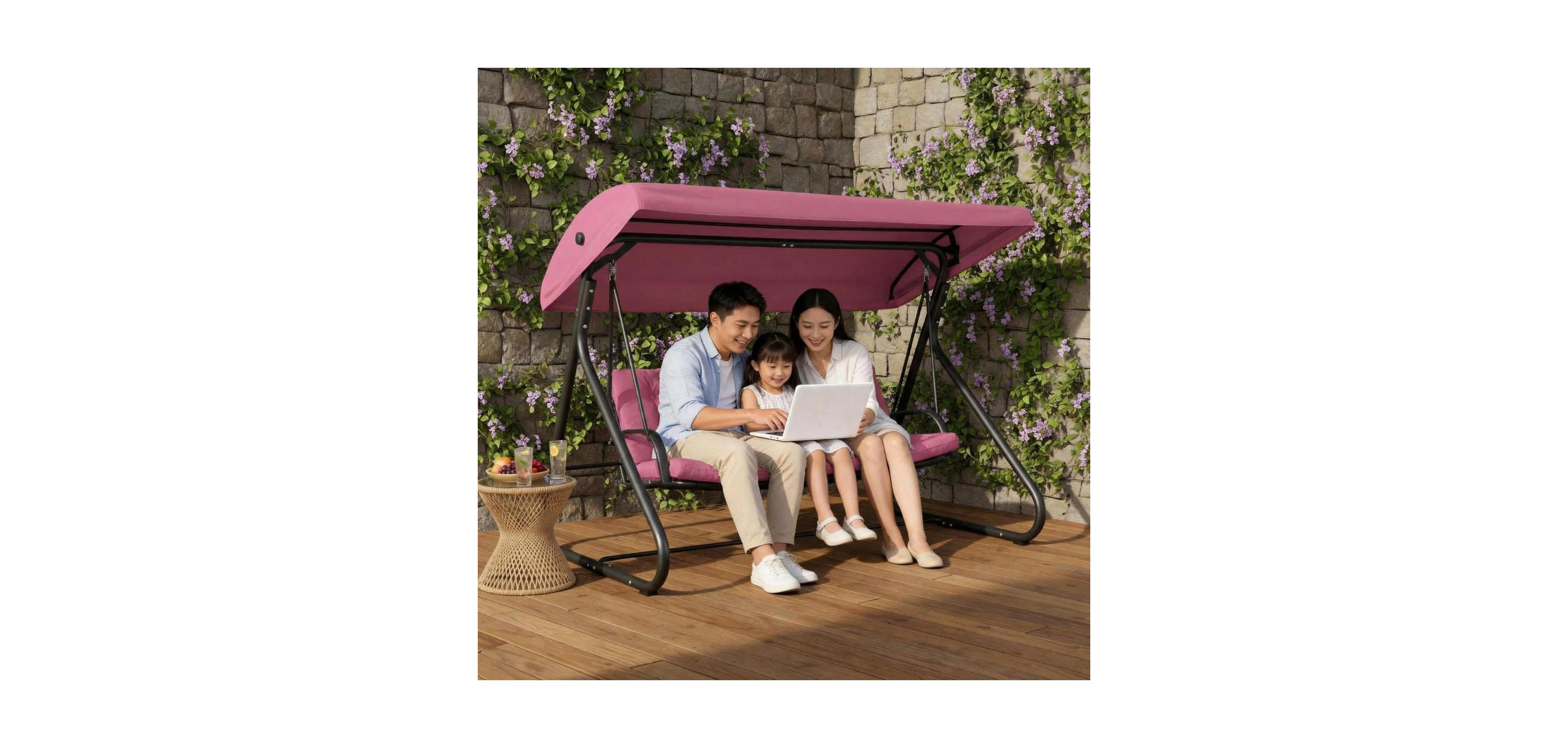gaomon 3-Seat Outdoor Convertible Swing Glider with Adjustable Canopy, 2-in-1 Bench to Flat Bed, Removable Cushions, Heavy-Duty Metal Frame