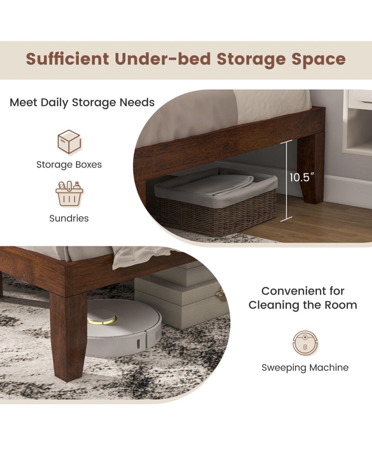 Sugift 14 Inch Rubber Wood Platform Bed Frame with Wood Slat Support