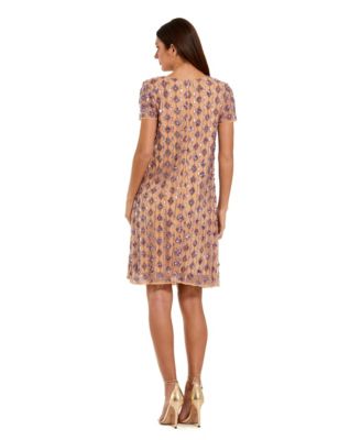 Women's Mesh Beaded Cap Sleeve A Line Above Knee Dress