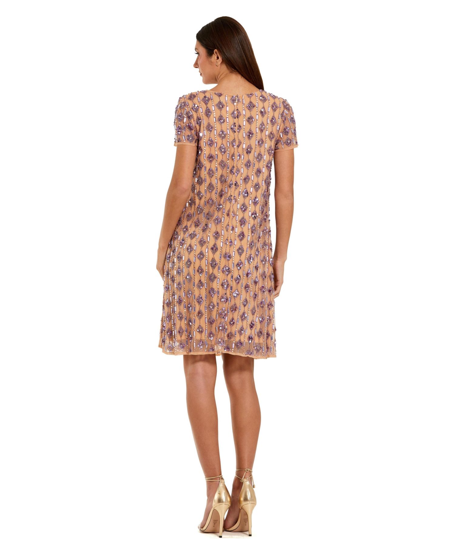 Women's Mesh Beaded Cap Sleeve A Line Above Knee Dress