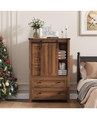 Farmhouse 5 Drawer Dresser for Bedroom, 48" Tall Wood Dressers Chest of Drawer with Sliding Barn Door, Adjustable Shelf, Storage Organizer