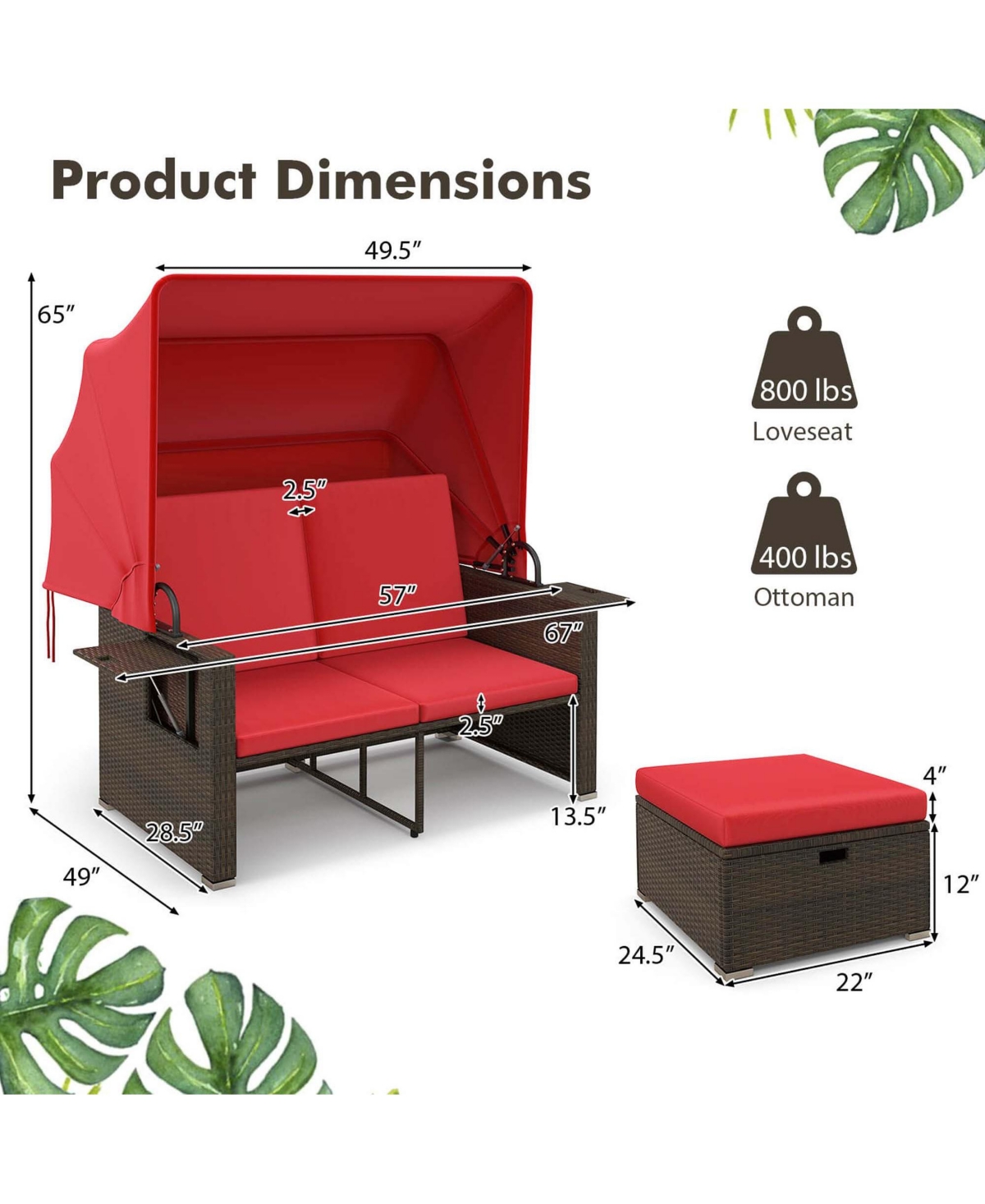 Gymax Rattan Daybed w/ Adjustable Backrests and Retractable Canopy for Patio