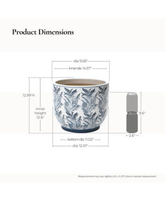 Blue Botanical Floral Ceramic Planter, 15.5" Round Garden Pot for Indoor & Outdoor Plants