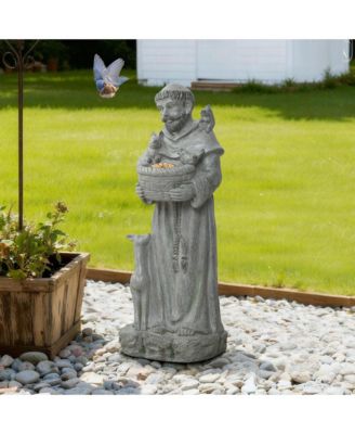Saint Francis Garden Statue with Birdfeeder Bowl, Outdoor Sculpture with Animal Companions