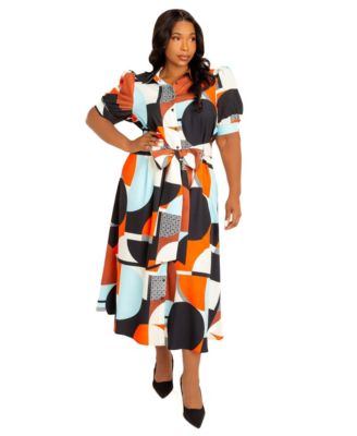 Women's Plus Size Geometric Print Puff Sleeve Shirtdress with Tie Waist Detail