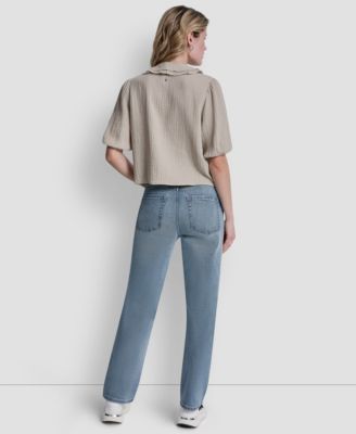 Women's V-Neck Short Puff Sleeve Tie-Front Shirt