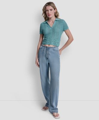 Women's Short-Sleeve V-Neck Polo Cropped Sweater