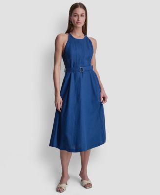 Women's Sleeveless Crew Neck Belted Midi Dress