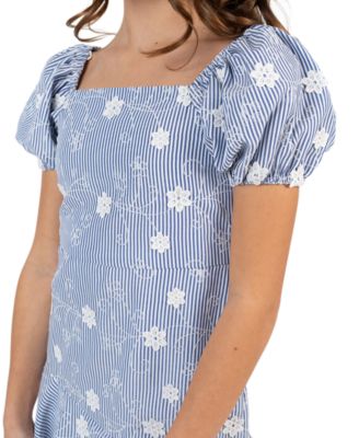 Big Girl 7-16 Striped Embroidered Puff Sleeve Ruffle Hem Dress