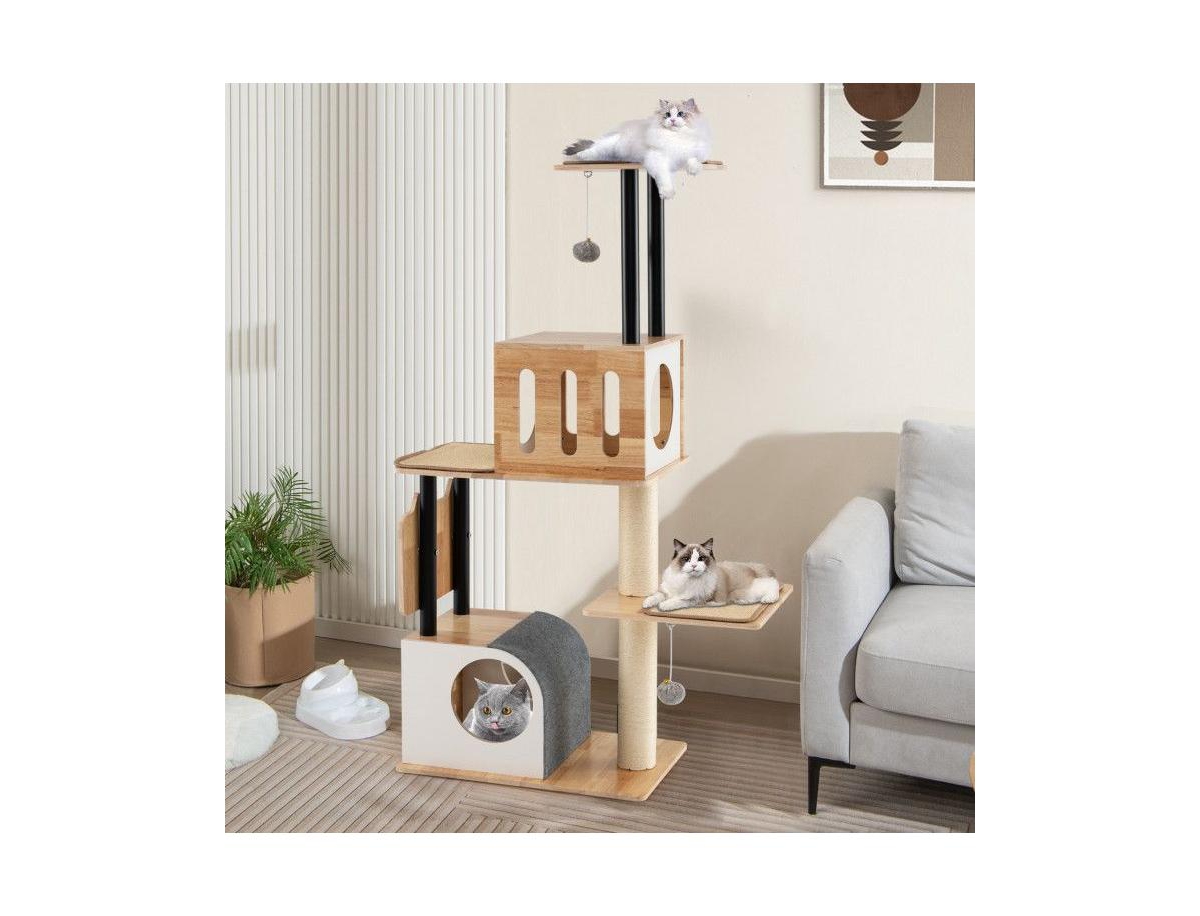 Aostirmotor Modern Tall Cat Tower with Double Condos, Dangling Balls & Sisal Carpets, Indoor Cat Furniture