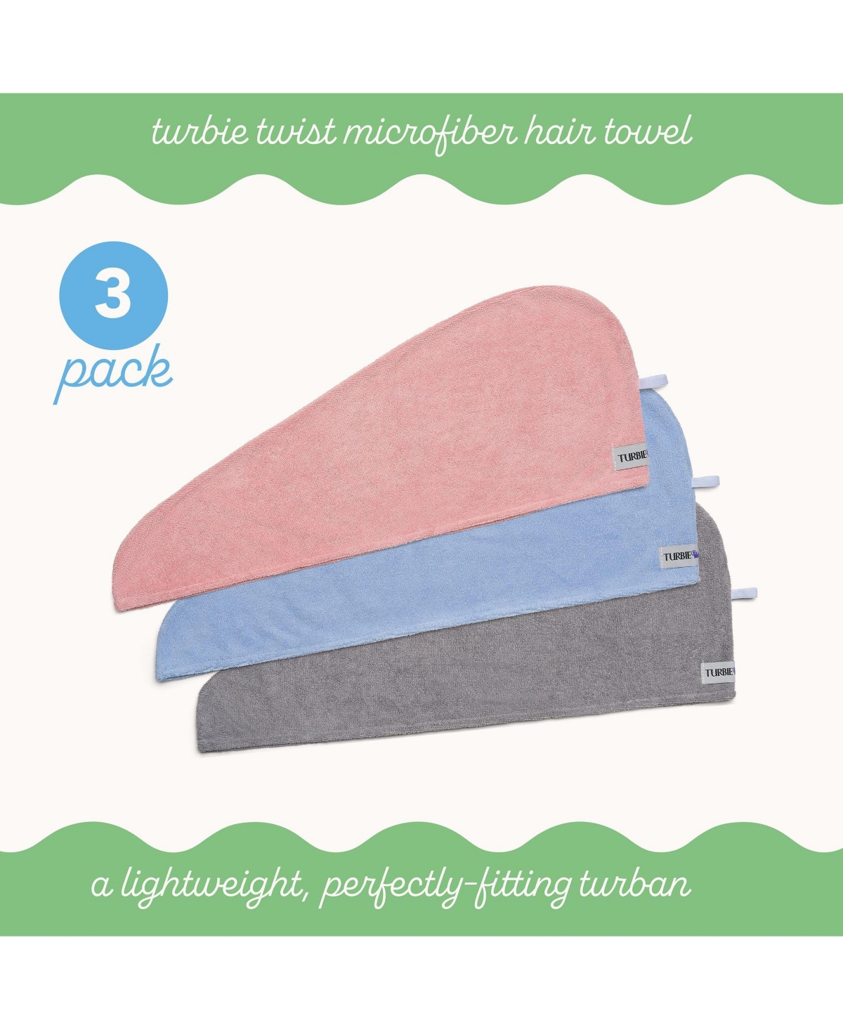 Turbie Twist 3-Pack Microfiber Hair Towel Wrap for Straight, Wavy & Curly Hair – Gray, Blue & Pink, Quick Dry