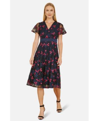 Women's Floral Mesh Wrap Midi Skater Dress