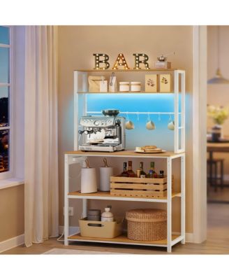 Coffee Bar with LED Lights, Power Strip, Adjustable Shelves, 8 Hooks