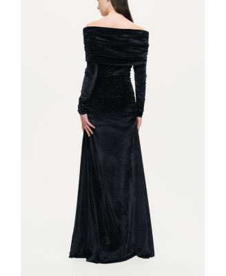 Women's Off-Shoulder Velvet Maxi Dress with Rhinestone Detail