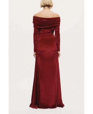 Women's Off-Shoulder Velvet Maxi Dress with Rhinestone Detail