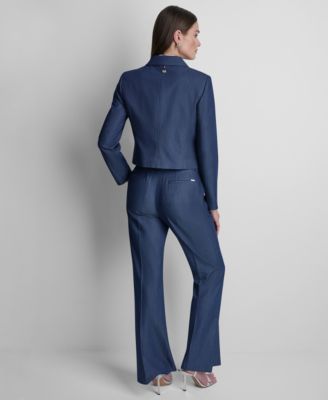 Women's Denim Cropped Button-Front Jacket, Sleeveless Neck Detail Poplin Top, and Denim Pintuck Flared Trousers