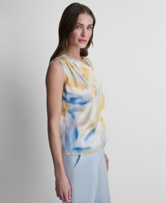 Women's Printed Asymmetric Neck Sleeveless Top