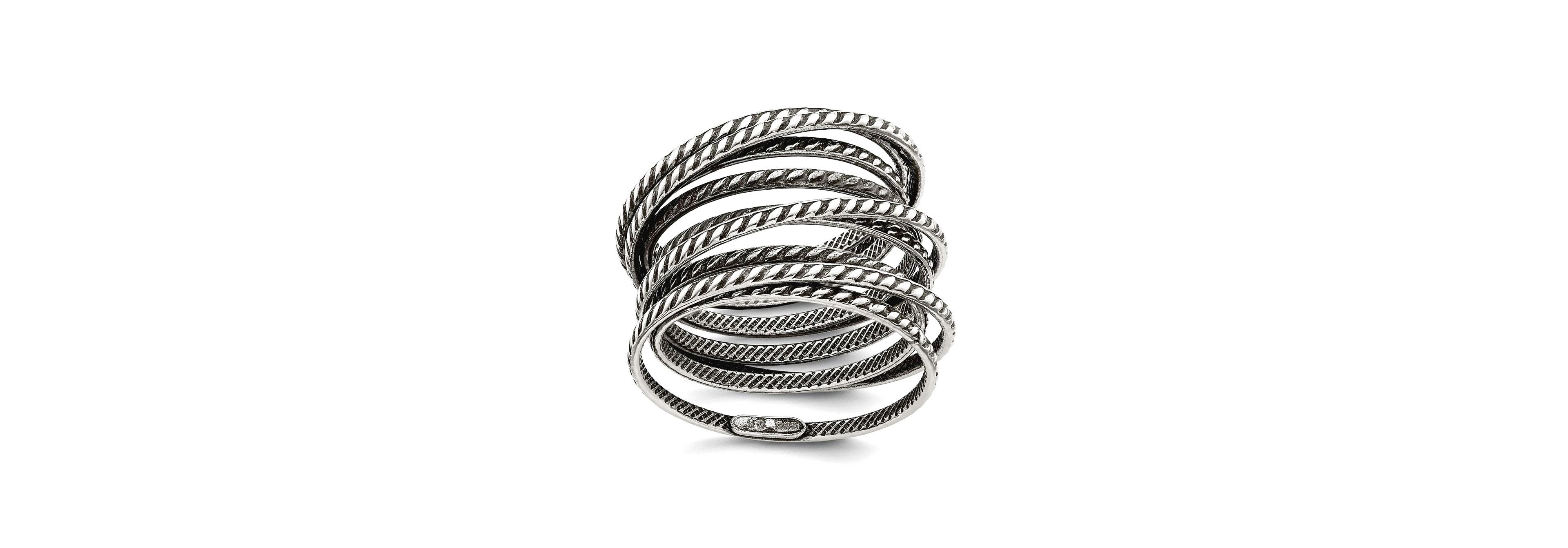 Curata Jewelry 925 Sterling Silver Solid Textured Polished Oxidized Coil Multi-layered Vintage Ring