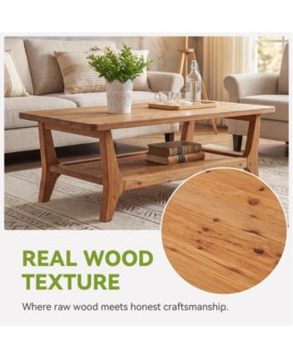Solid Wood Coffee Table, 47-Inch Living Room Center Table with Shelf, 2-Tier, Smooth Corners, Child-Friendly, Easy Assembly