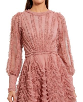 Women's Ruffle Lace Up Back Long Sleeve Mini Dress