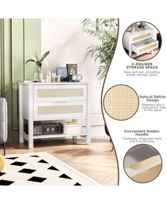 Rattan Nightstand - Bedside Table with 2 Drawers, Open Storage Shelf and Gold Drawer Handles for Bedroom, Living Room, Hallway.