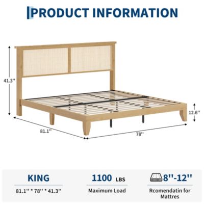 Boho Bed Frame, Rattan Headboard Bed Frame With Led Lights, Noise-Free Platform Light Wood Bed Frame