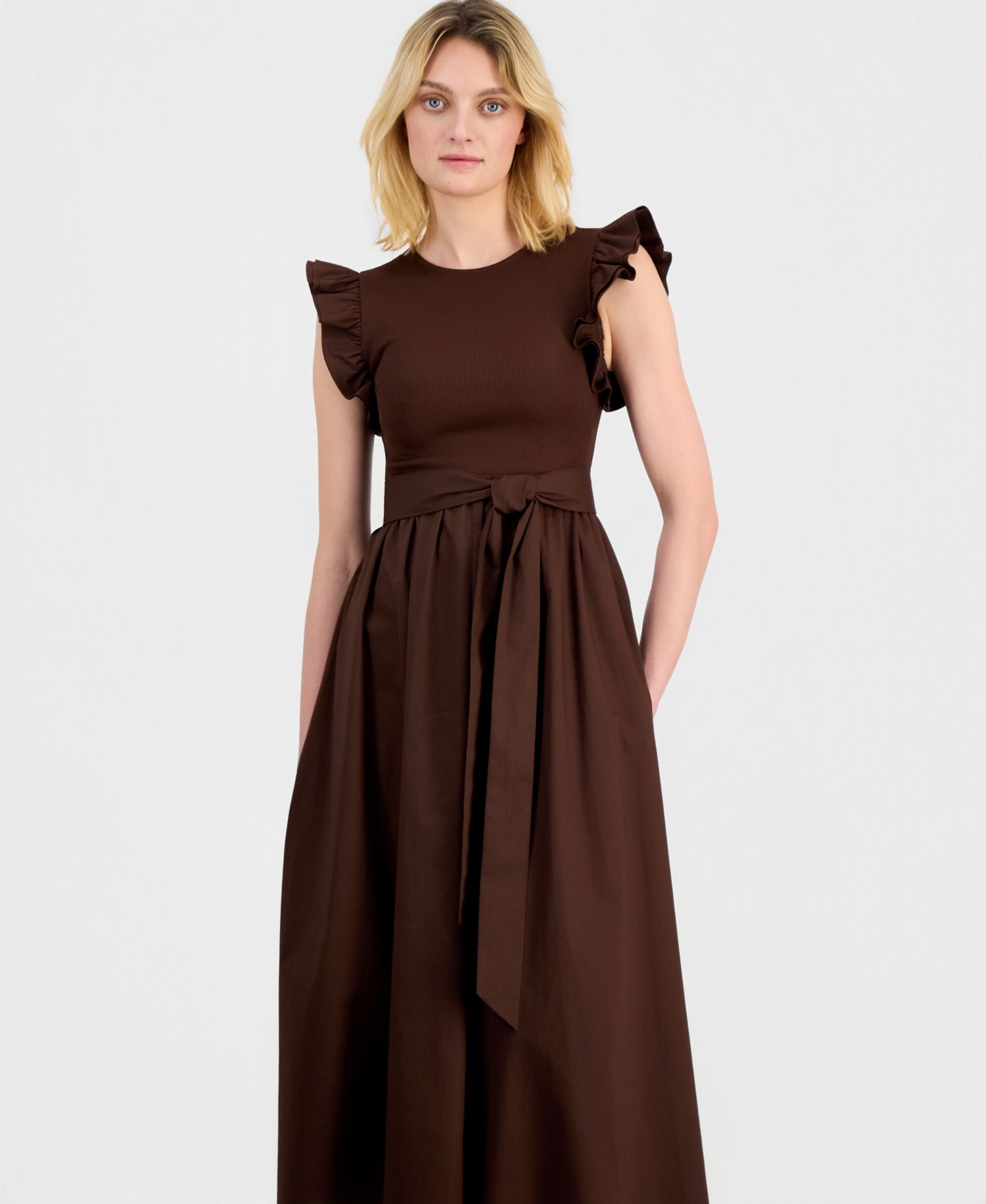 Women's Mixed Knit Woven Midi Dress