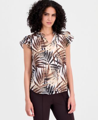 Women's Palm-Print Flutter-Sleeve Split-Neck Top