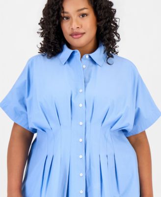 Trendy Plus Size Lotus Sprigs Cutwork Mini Shirtdress
