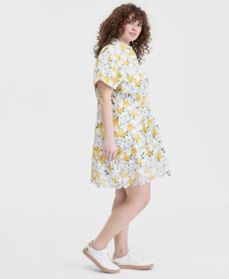 Trendy Plus Size Lotus Sprigs Cutwork Mini Shirtdress