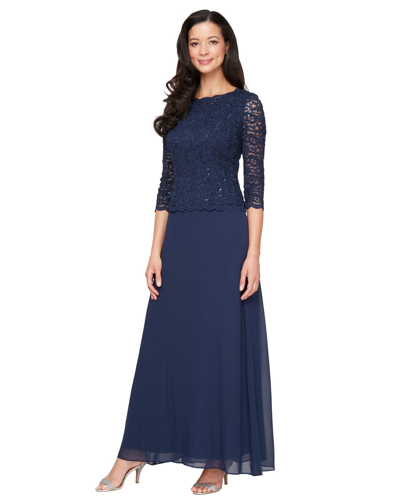 Женские платья Alex Evenings Petite Sequin Lace Gown, цвет: Тёмно-синий — фото 1