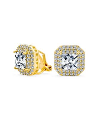 CZ Halo Princess Cut Cubic Zirconia Statement Stud Clip On Earrings Gold Plated