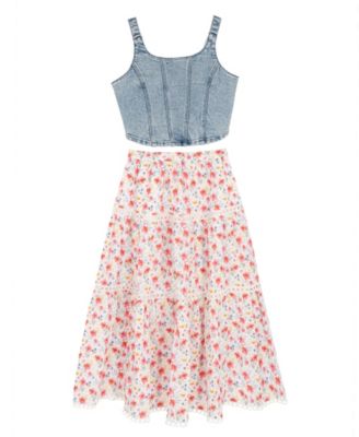Girls' 7-16 Denim Faux Corset Top To Floral Printed Maxi Skirt, 2-Piece Set