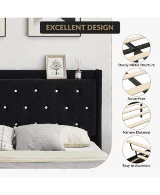 Bed Frame with LED Lights,Floating Bed Frame with Storage,Velvet Upholstered Headboard with Wingback