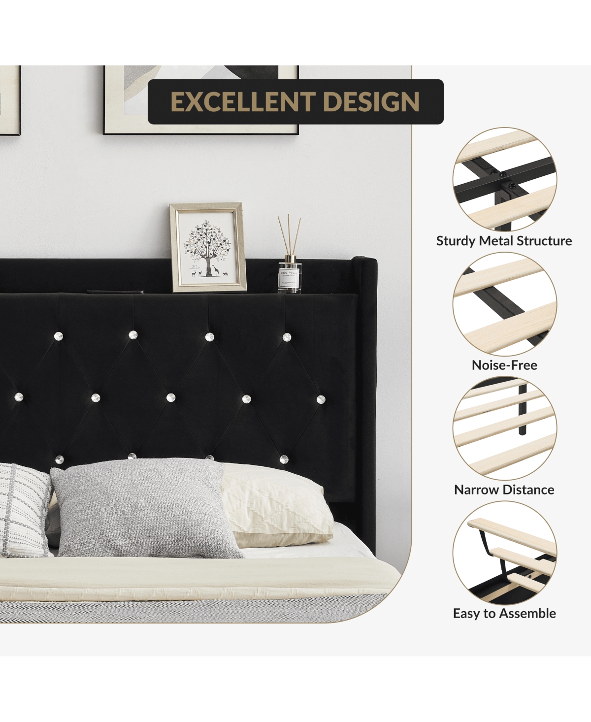gaomon Bed Frame with Led Lights,Floating Bed Frame with Storage,Velvet Upholstered Headboard with Wingback