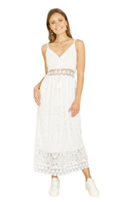 Women's Lace Embroidered Tassel Tie Midi Dress