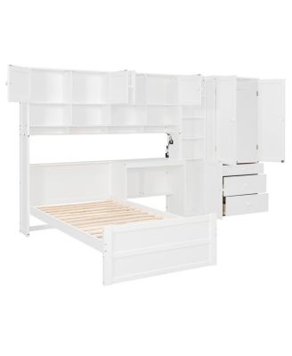 Wooden Twin Platform Bed with Desk, Wardrobe, Cabinets, Drawers, Shelves