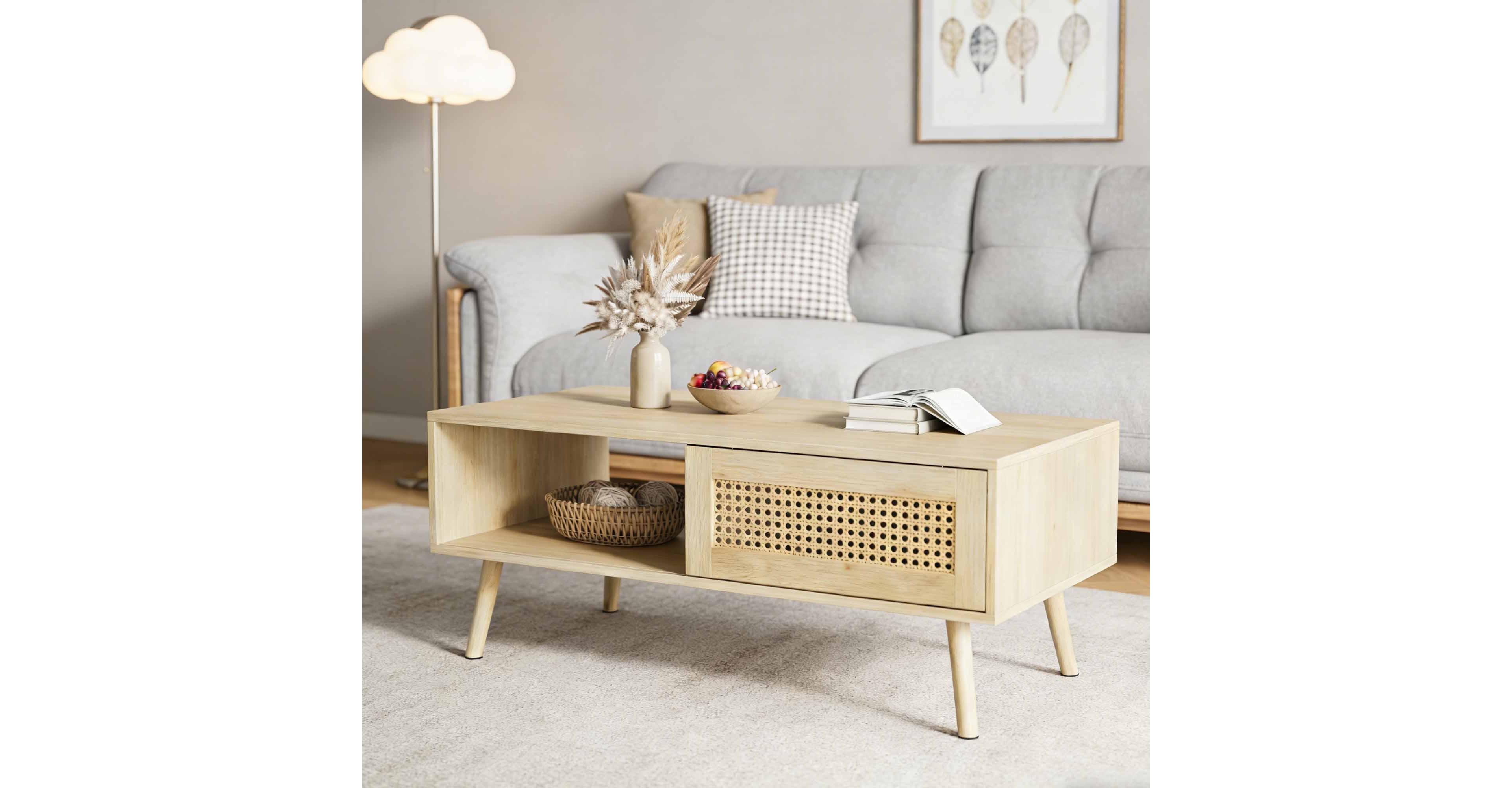 gaomon Coffee Table with Storage, Accent Center Table with Sliding Pe Rattan Woven Door Panel and Wood Legs