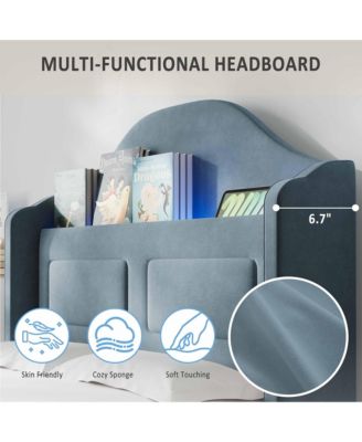 Upholstered Velvet Cute Platform Bed with Wingback,Storage Bookcase Headboard & LED Lights