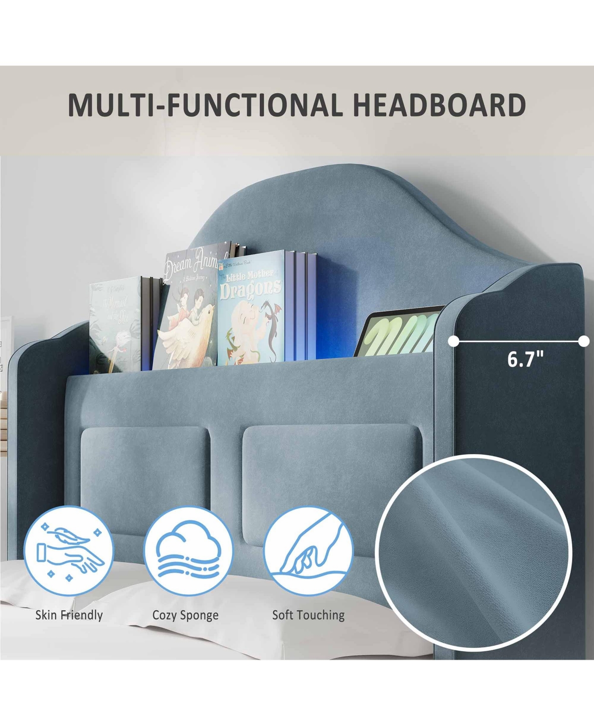 gaomon Upholstered Velvet Cute Platform Bed with Wingback,Storage Bookcase Headboard & Led Lights