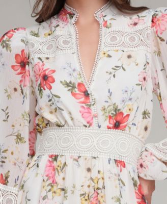 Women's Floral Lace-Trim Chiffon Dress