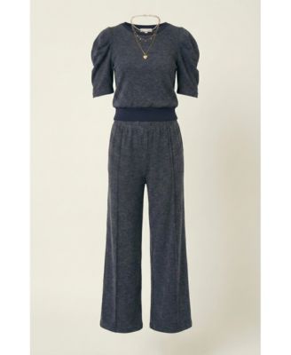 Women's Puff Sleeve Knit Top and Wide Leg Pants Set