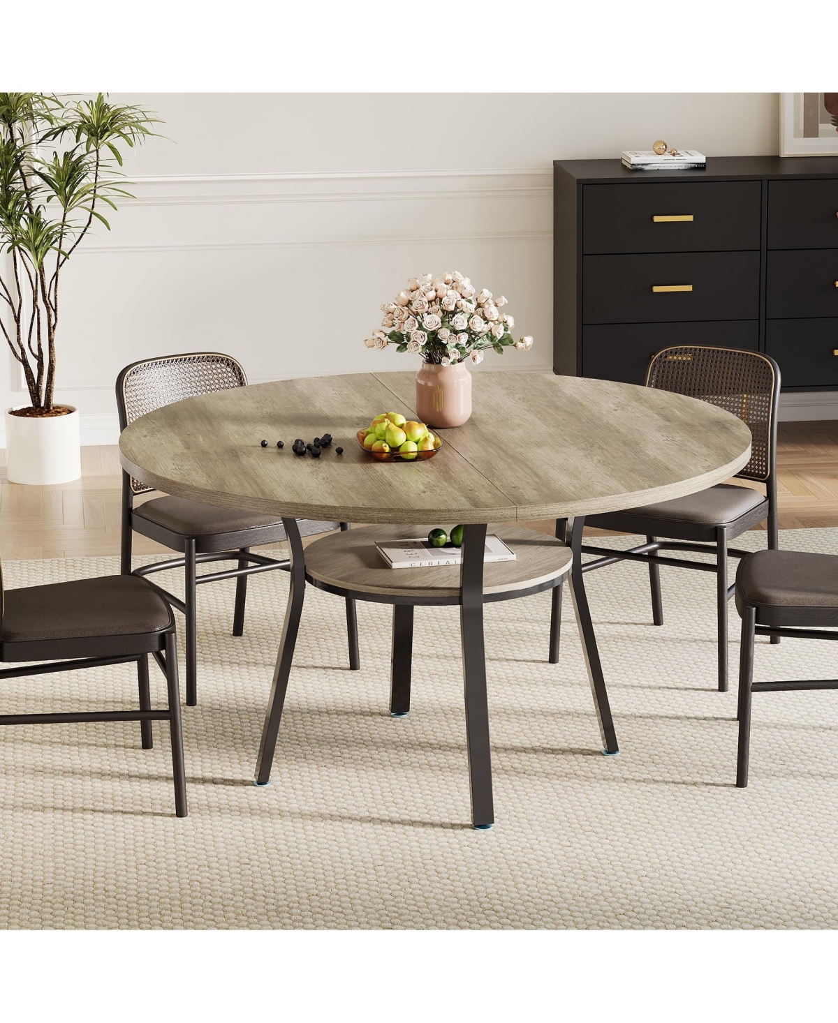 Round Dining Table for 4-6, 47 inch Wood Kitchen Table with Storage Shelf,with Metal Base,No Chairs
