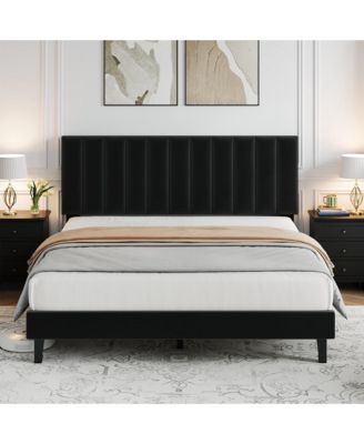 Bed Frame and Velvet Upholstered Headboard with Adjustable Vertical Channel Tufted Headboard